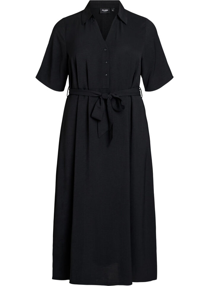 Midi shirt dress with tie belt, Black, Packshot image number 0
