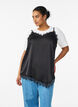 Satin top with lace trim and asymmetric hem, Black, Model image number 0