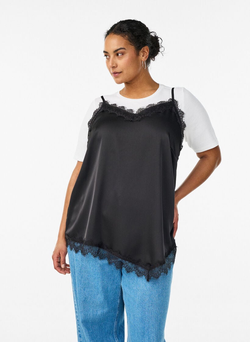 Satin top with lace trim and asymmetric hem, Black, Model image number 0