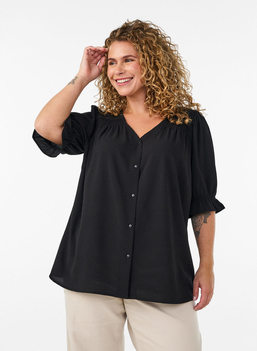 Shirt blouse with 1/2 sleeves, Black, Model image number 0