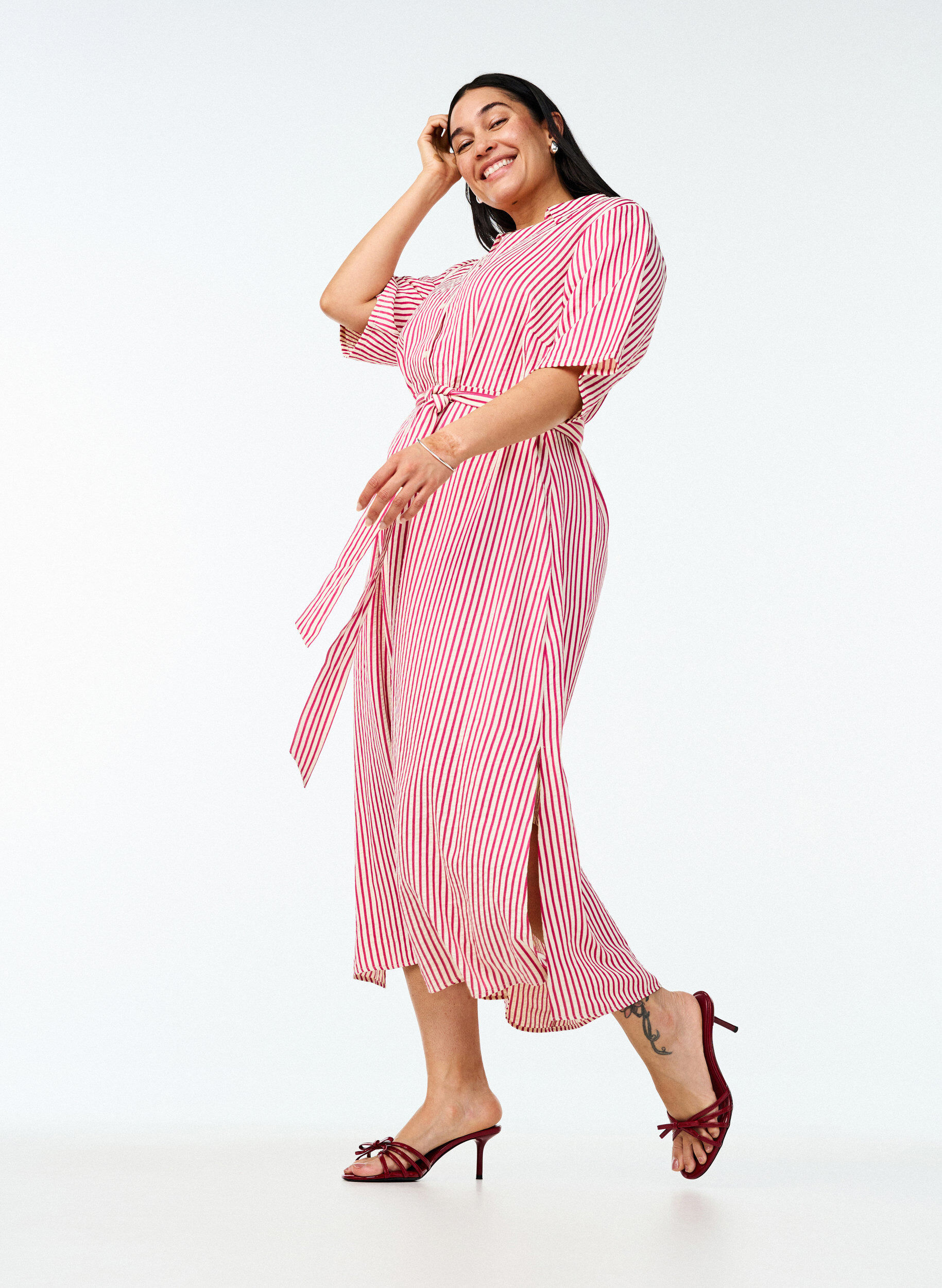 ZizzifashionAnkle-length shirt dress with tie belt and stripes, Pink, Image image number 0
