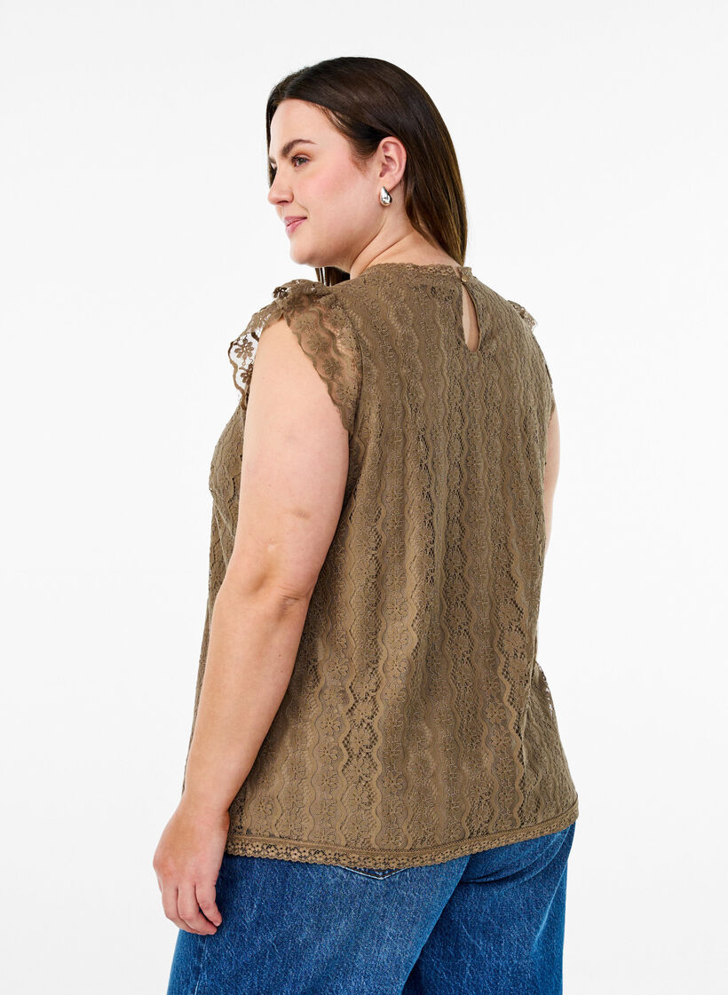 Lace top with ruffle details, Brown, Model image number 2