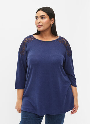 Blouse with 3/4 sleeves and lace detail, Medieval Blue Mel., Model image number 0
