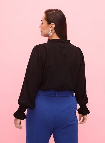Long-sleeved viscose blouse with ruffle details, Black, Model image number 1