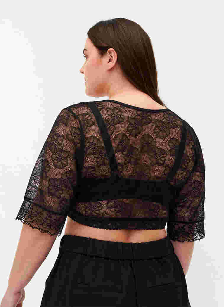 Short Sleeve Lace Top, Black, Model image number 1