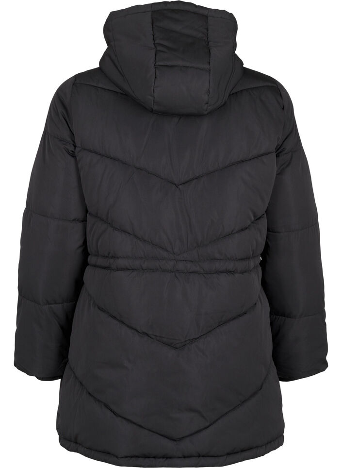 Mid-length puffer jacket with hood, Black, Packshot image number 1