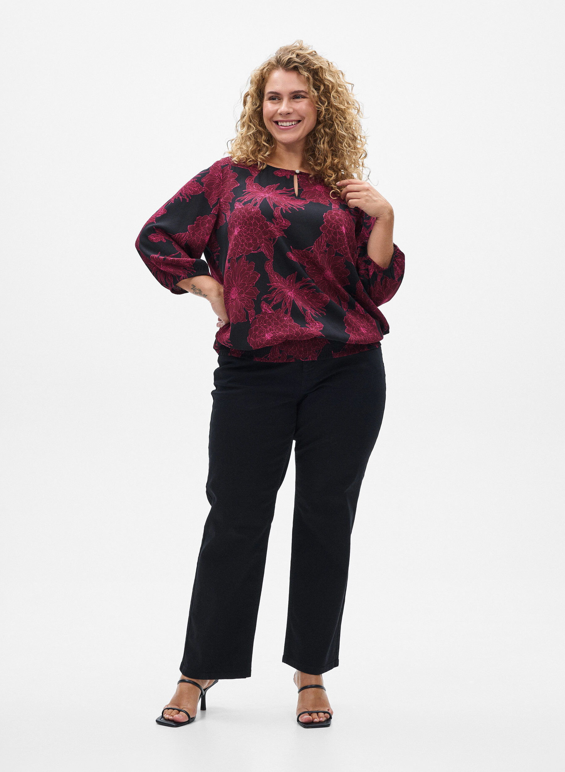 ZizzifashionViscose blouse with flower print and smocking, Dark Bordeaux, Model image number 1