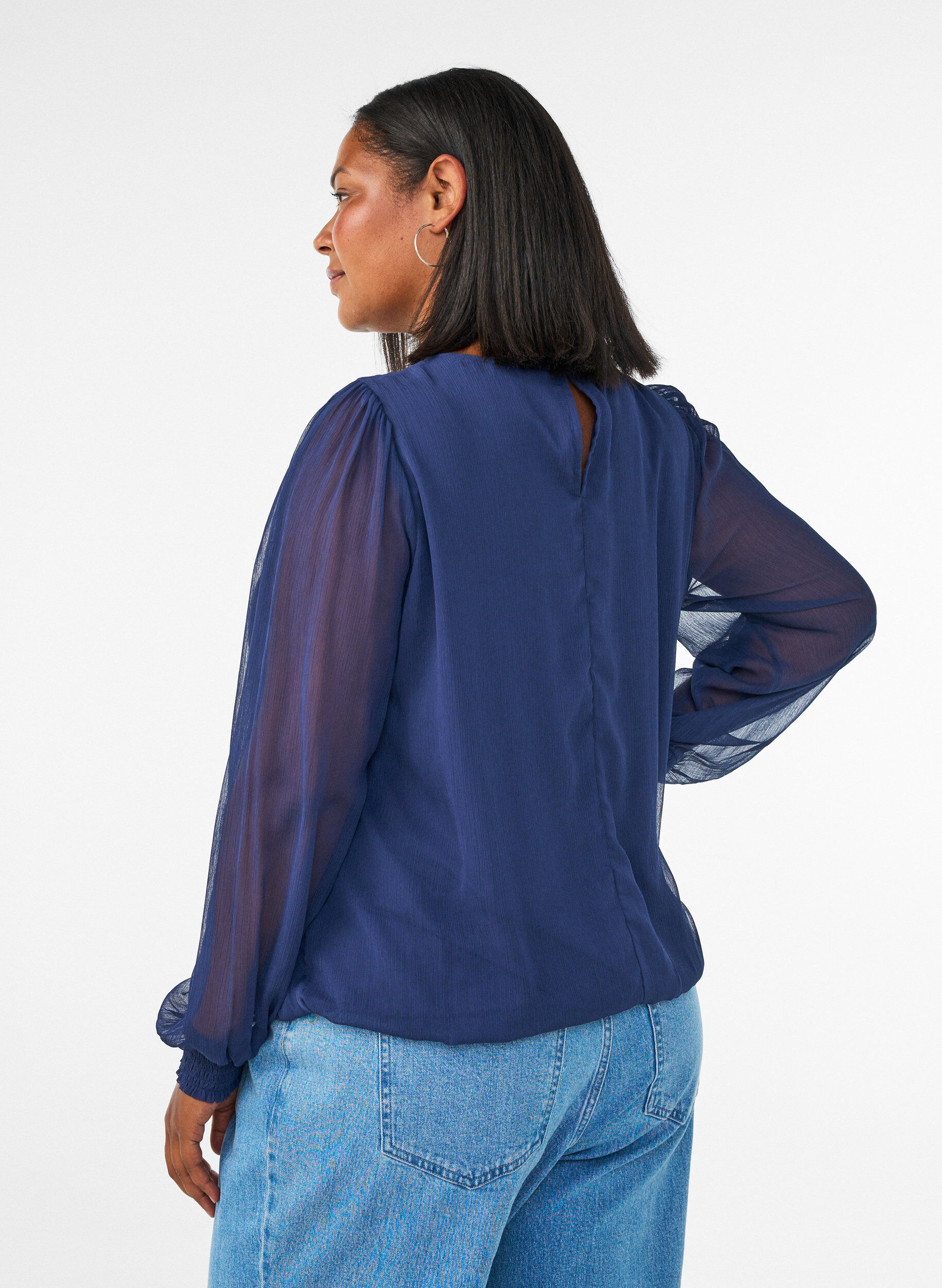 ZizzifashionChiffon blouse with sheer sleeves, Blue, Model image number 2