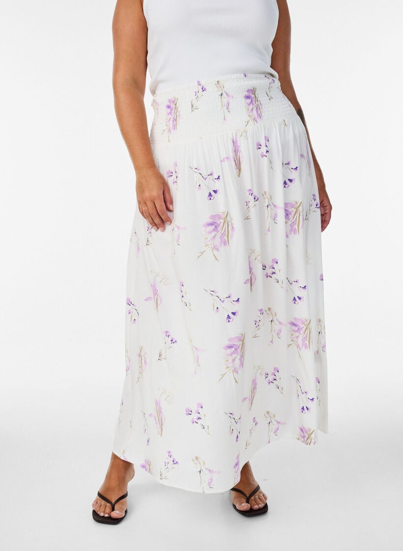 Viscose maxi skirt with smocking, White, Model image number 0