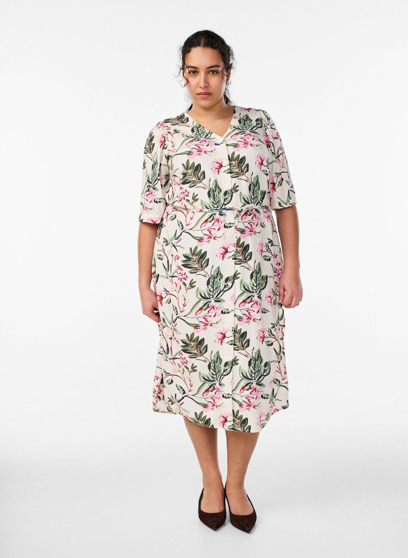 Midi dress with print and tie belt, Vanilla, Model image number 0