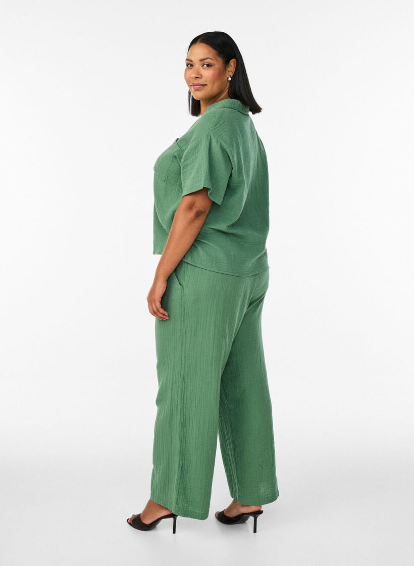 High-waisted cotton muslin trousers with loose legs, Green, Model image number 1
