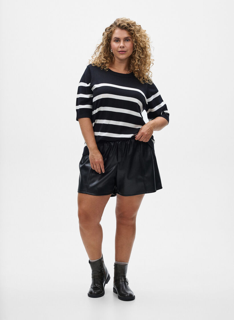 Striped knit top with short sleeves, Black, Model image number 1