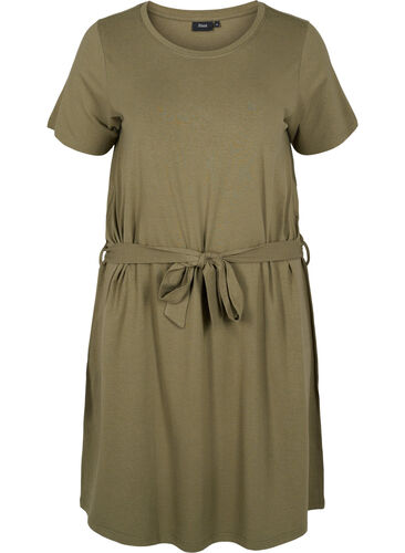 Short sleeve dress with waist belt, Dusty Olive, Packshot image number 0