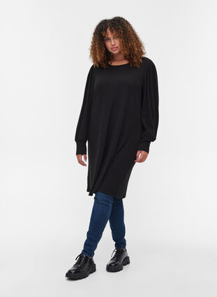 Plain, balloon-sleeved dress, Black, Model image number 2