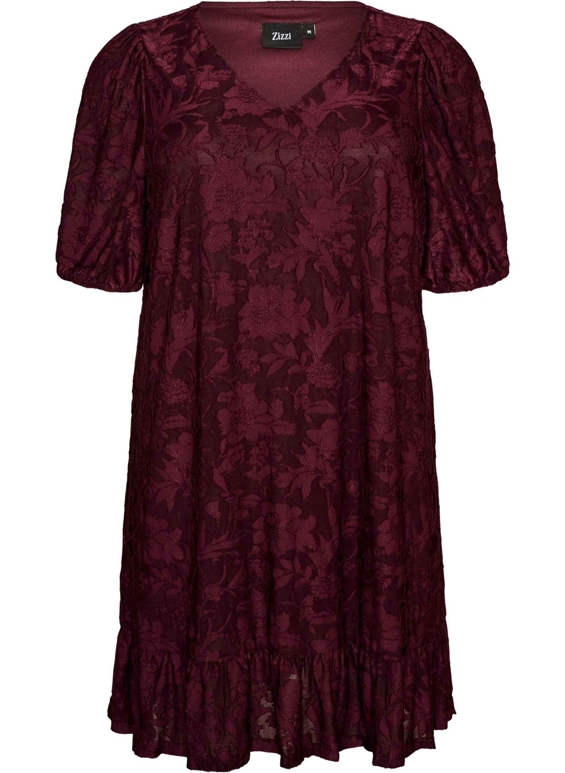ZizzifashionDress with floral texture and ruffle hem, Red, Packshot image number 0