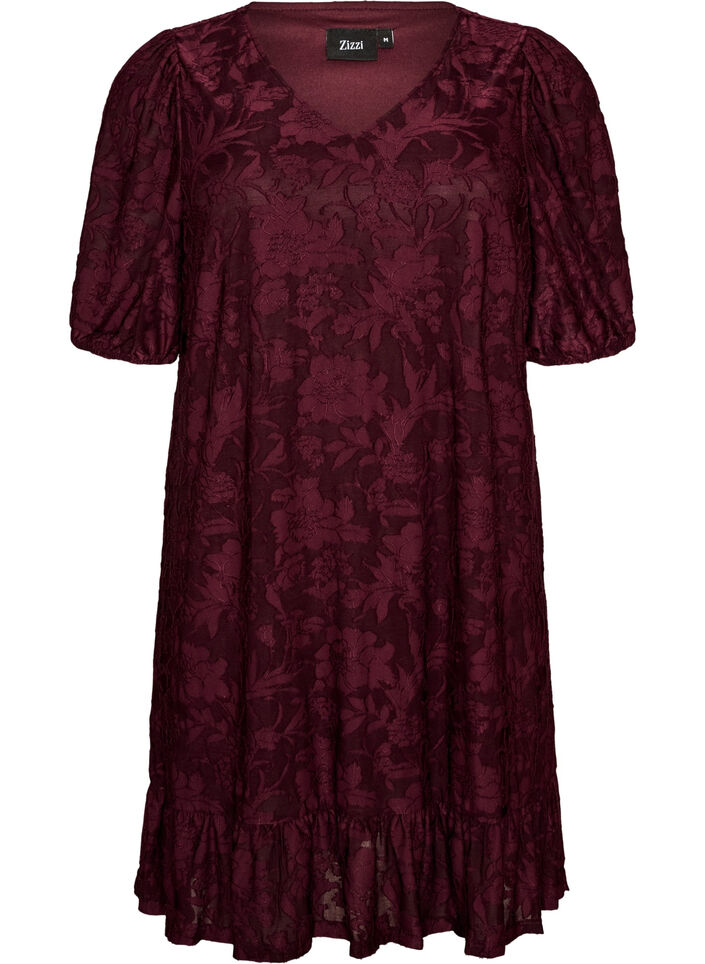 Dress with floral texture and ruffle hem, Red, Packshot image number 0