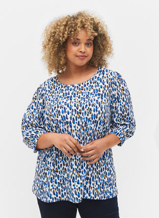 Printed blouse with 3/4 sleeves, Blue Leo AOP, Model image number 0