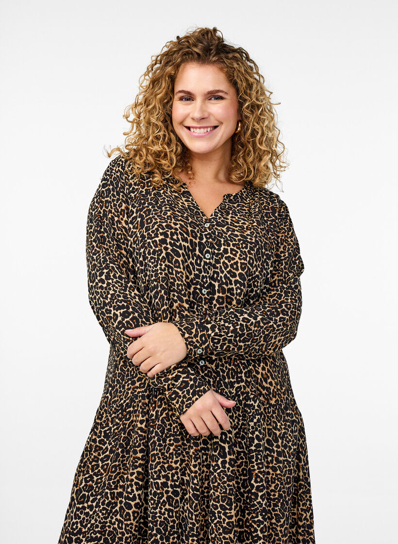 Printed viscose midi dress with long sleeves, Brown, Model image number 2