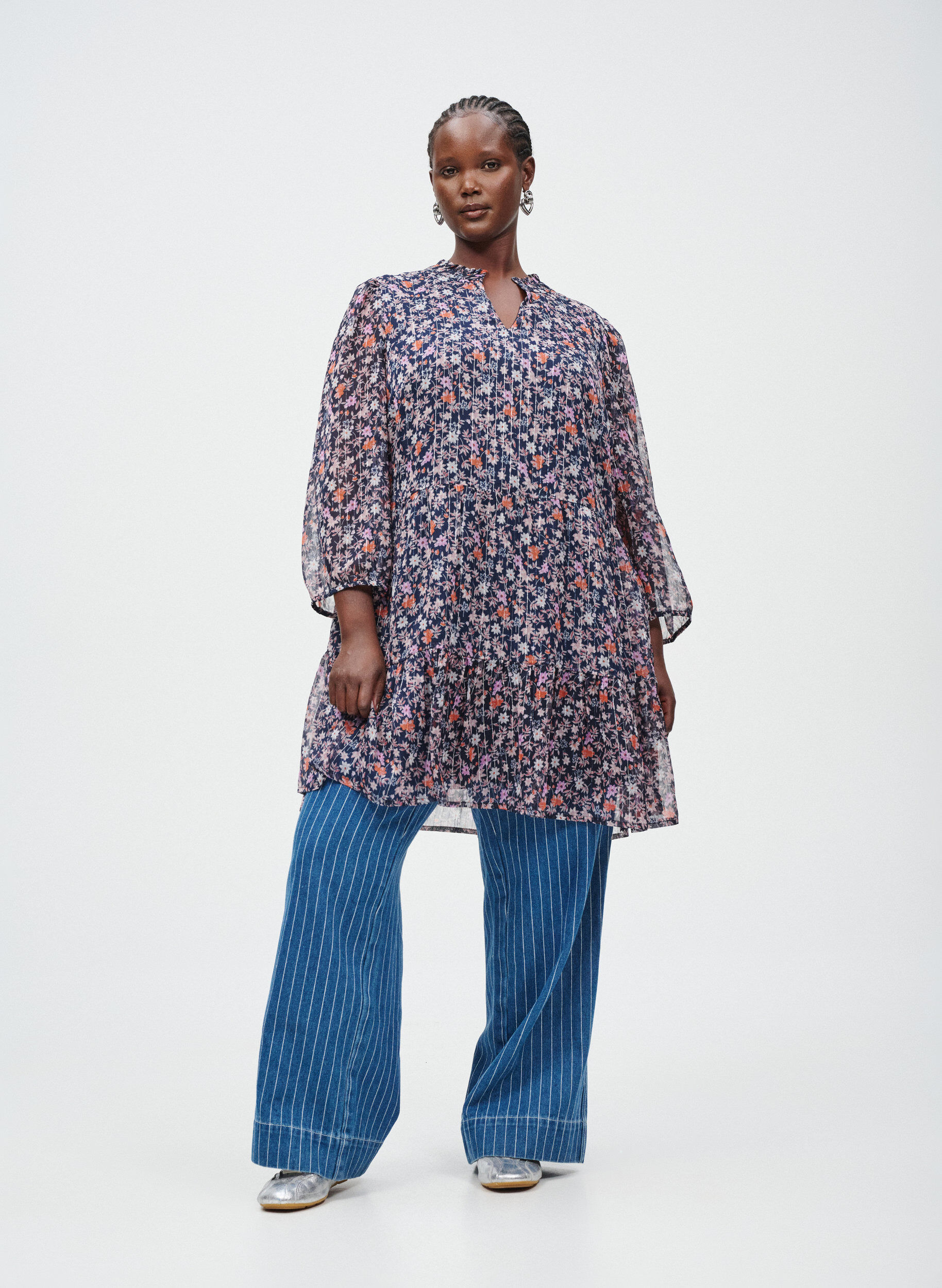 ZizzifashionTunic with floral print and glitter threads, Blue, Image image number 0