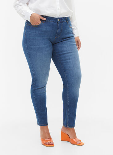 Emily jeans with regular waist and slim fit, Blue denim, Model image number 2