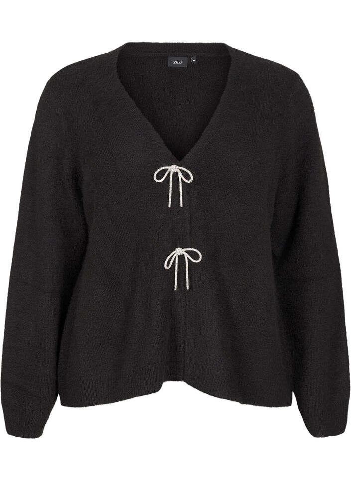 Knitted cardigan with a silver bow, Black, Packshot image number 0
