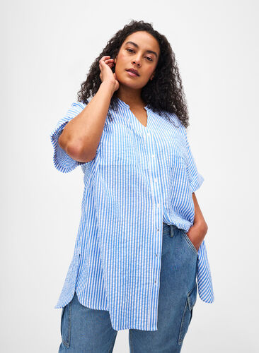 Striped shirt with chest pockets, Light Blue Stripe , Model image number 0