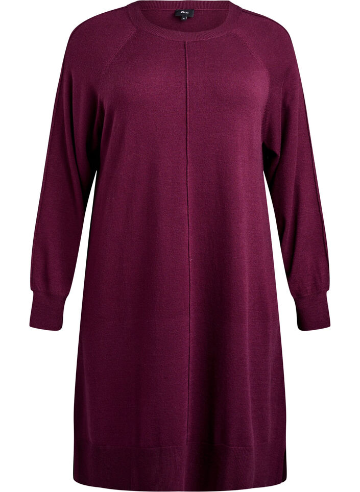 Short knitted dress with raglan sleeves and a centre seam, Dark Bordeaux, Packshot image number 0