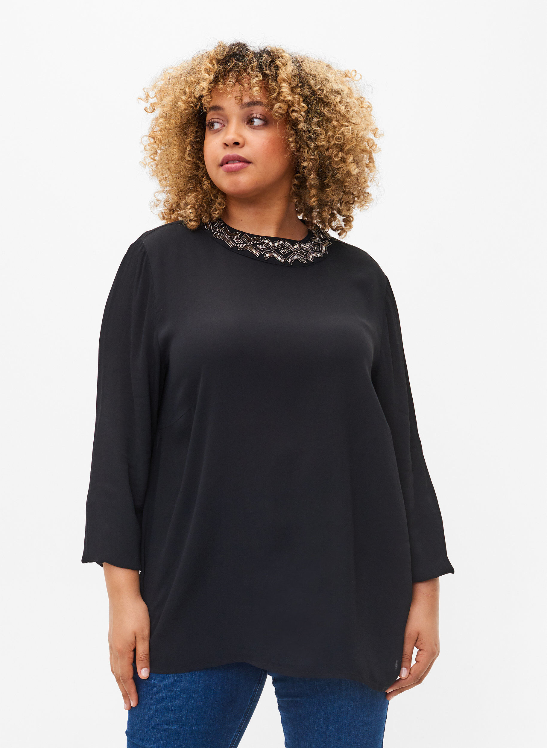 Zizzifashion Long-sleeved viscose blouse with pearls, Black, Model image number 0