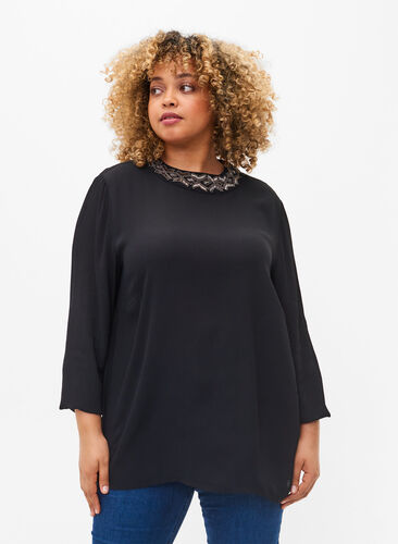 Long-sleeved viscose blouse with pearls, Black, Model image number 0
