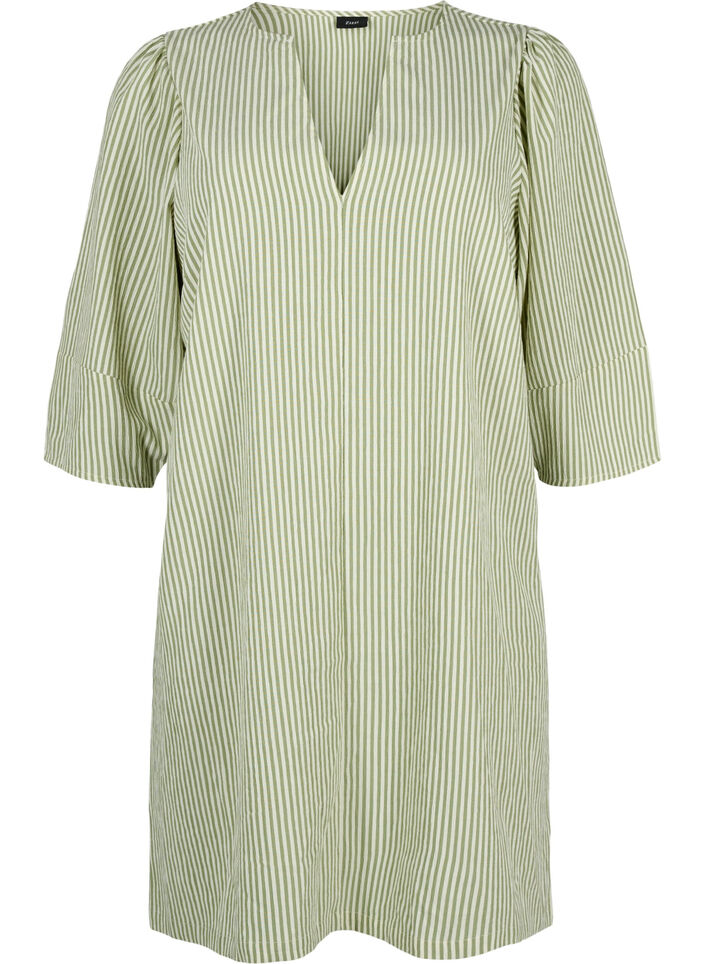 Striped dress with 3/4 sleeves, Green Stripe, Packshot image number 0