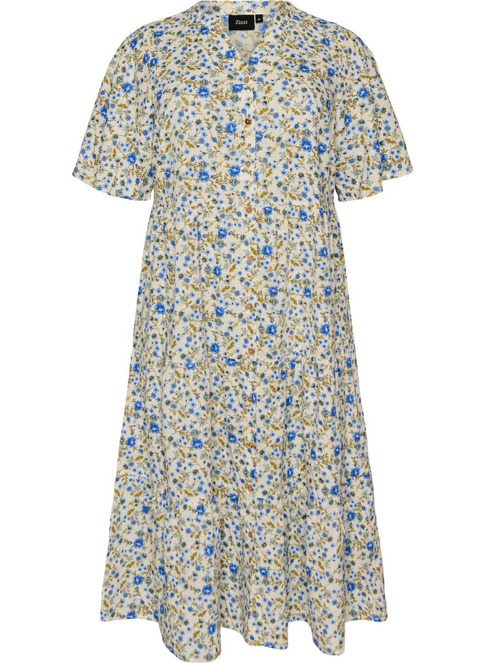 Cotton midi dress with floral print, Blue, Packshot image number 0