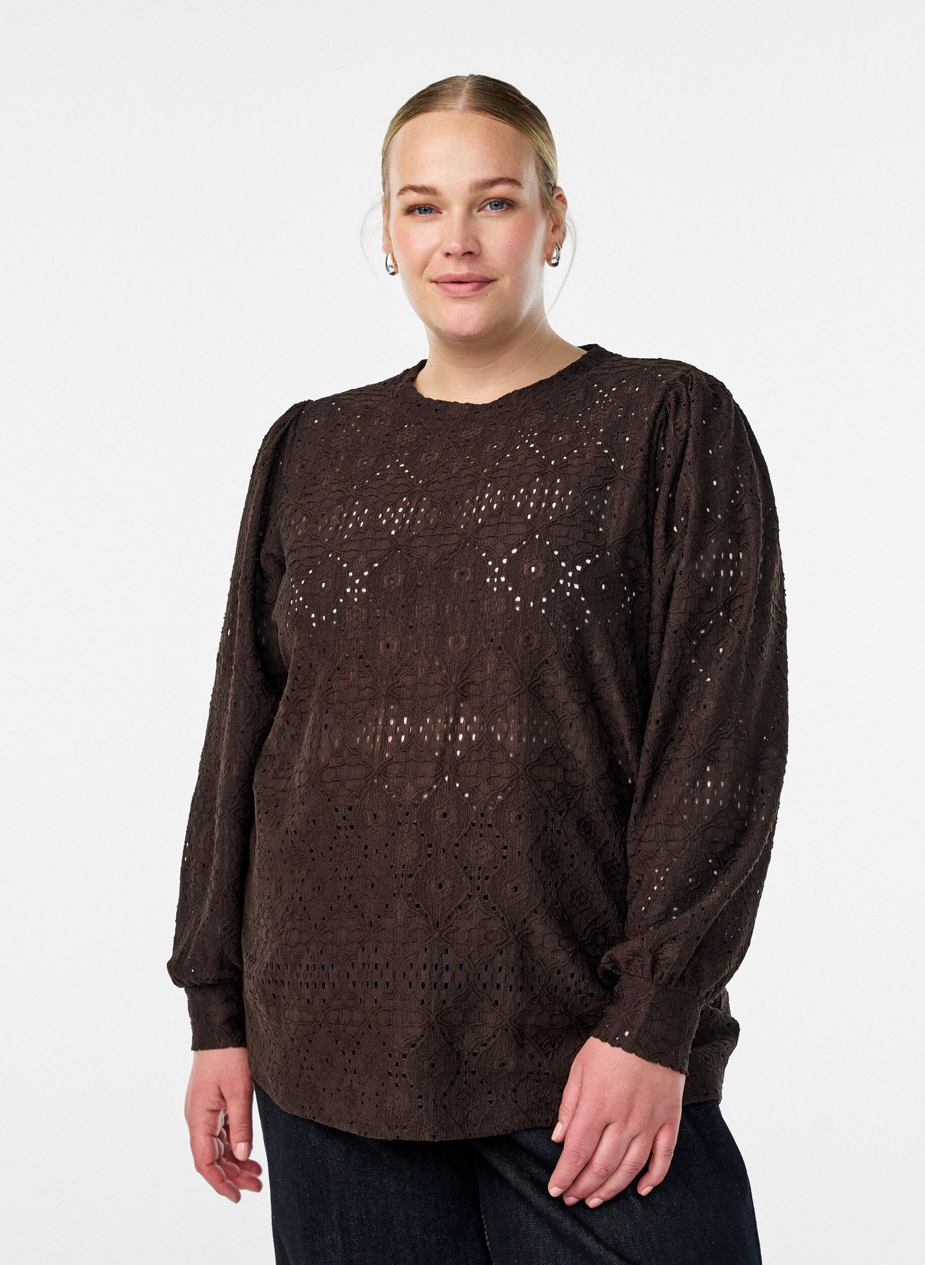 Zizzifashion Long-sleeved blouse with eyelet embroidery, Brown, Model image number 0
