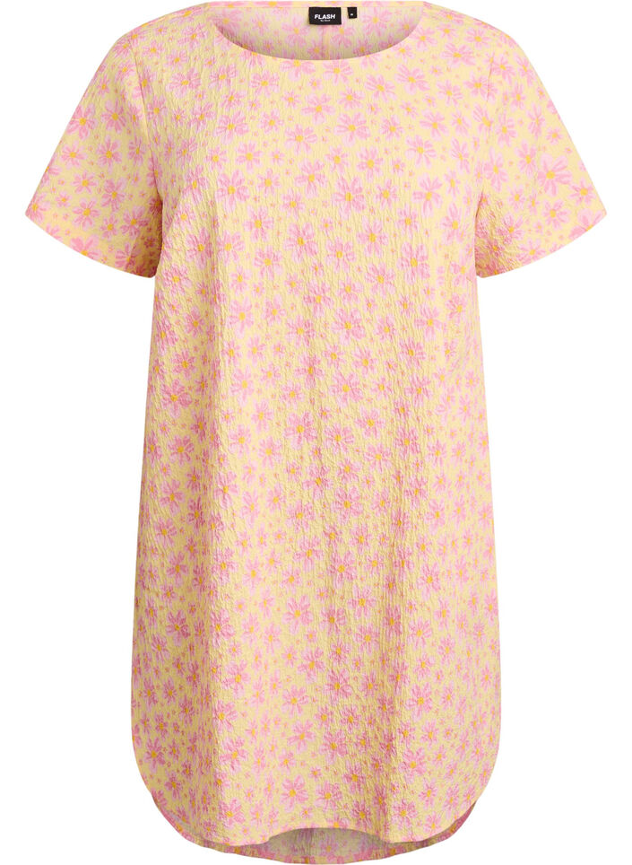 Short dress with a crinkled texture and short sleeves, Yellow, Packshot image number 0