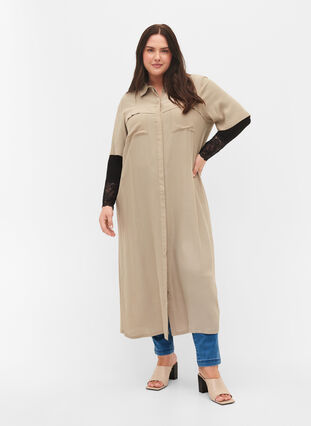 Short-sleeved shirt dress in viscose, Laurel Oak, Model image number 2