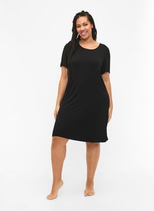Short-sleeved viscose dress with back detail, Black, Model image number 4