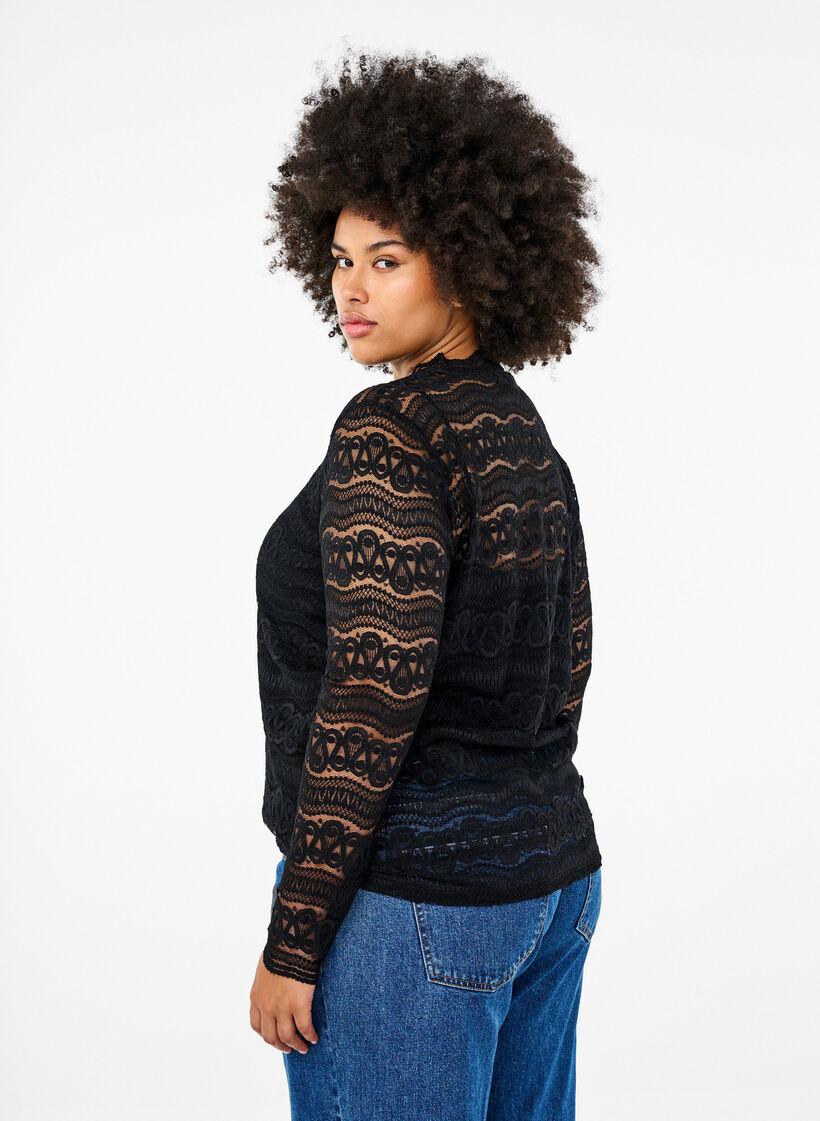 Lace blouse with long sleeves, Black, Model image number 1