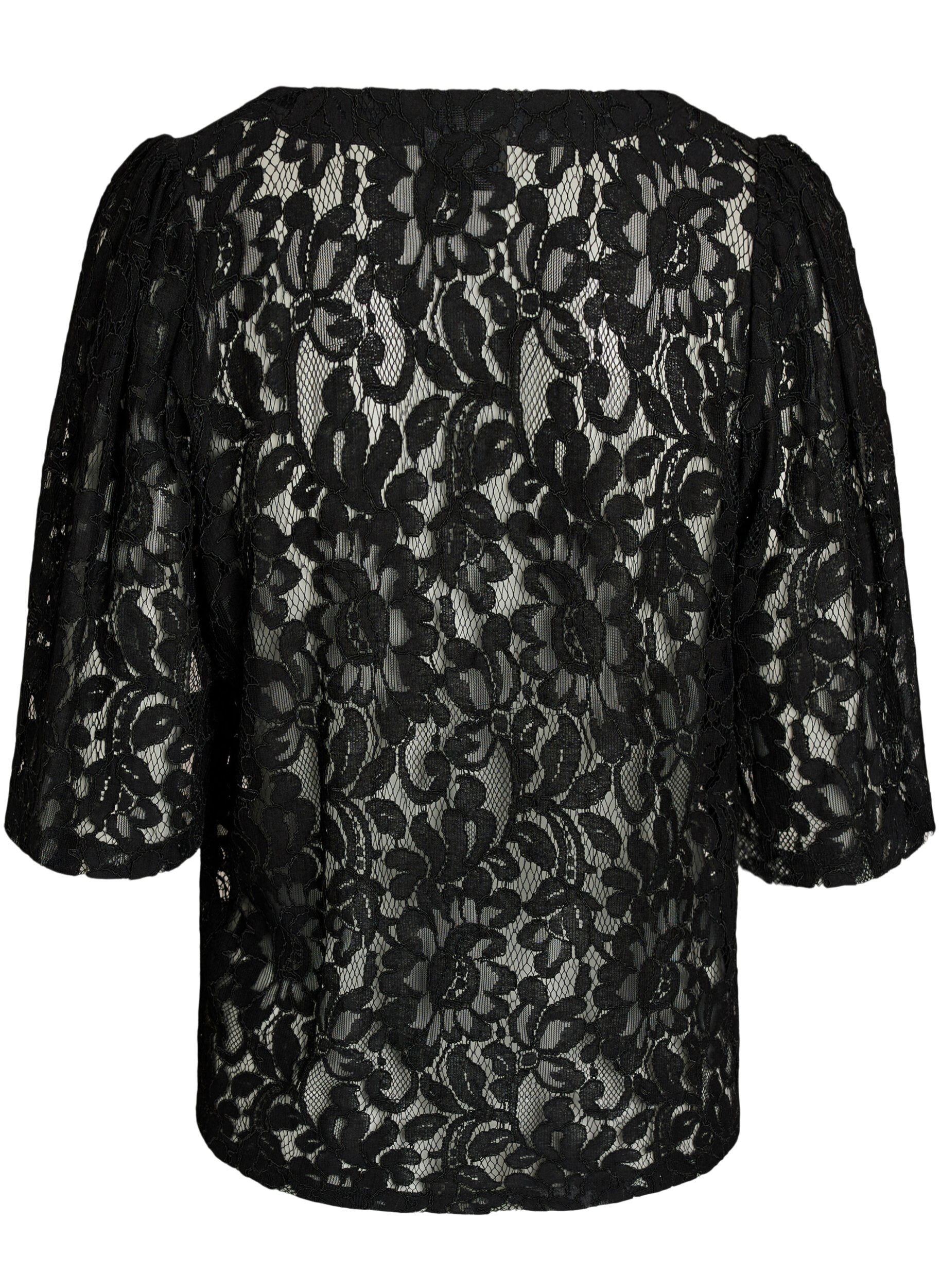 ZizzifashionShort-sleeved lace blouse with V-neck, Black, Packshot image number 1