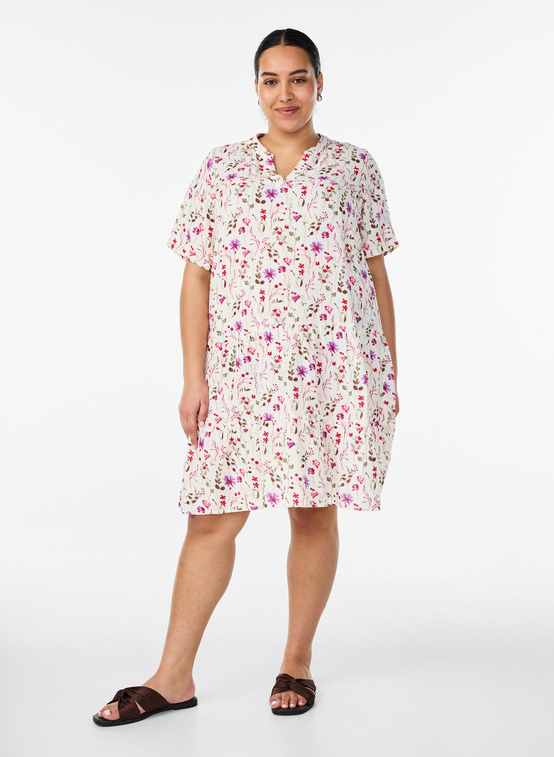 ZizzifashionShort A-line dress in cotton muslin, Beige, Model image number 1