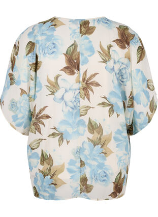 Printed blouse with tie strings and short sleeves, Cloud Dancer Flower , Packshot image number 1