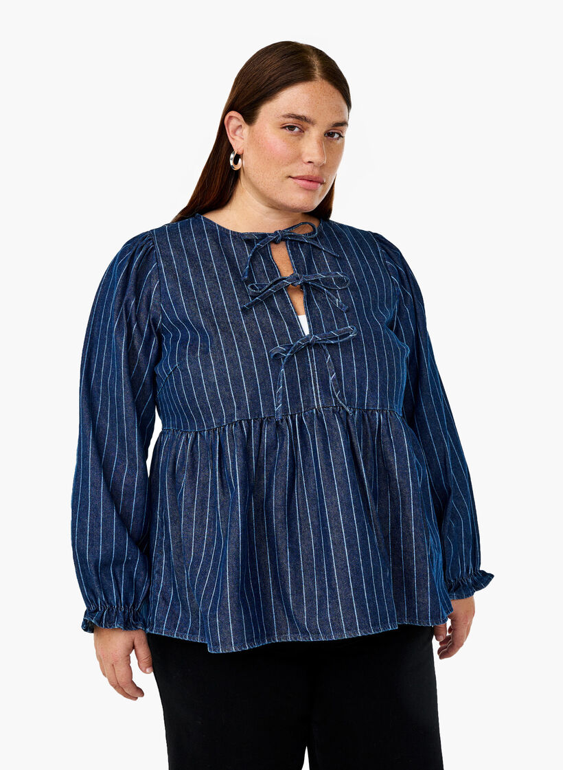 Striped denim blouse with front tie, Blue, Model image number 0