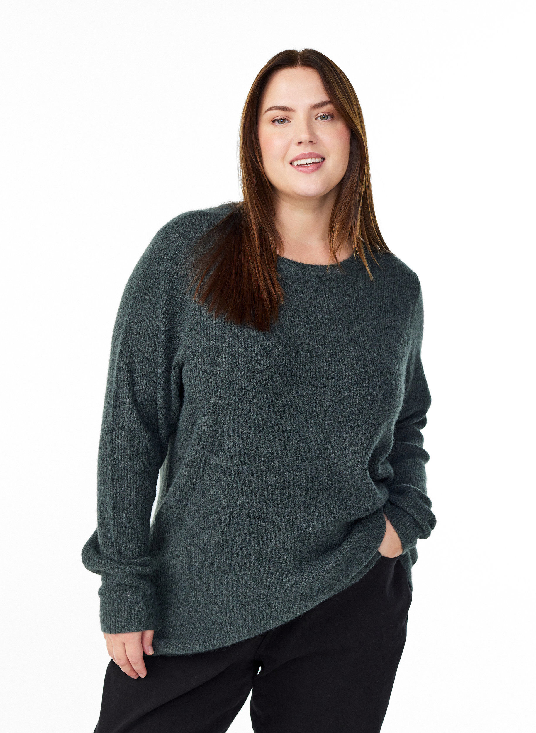 Melange knit blouse with round neck, Green, Model