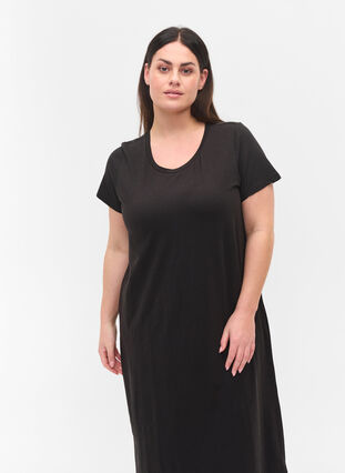 Striped short-sleeved midi dress, Black Solid, Model image number 1