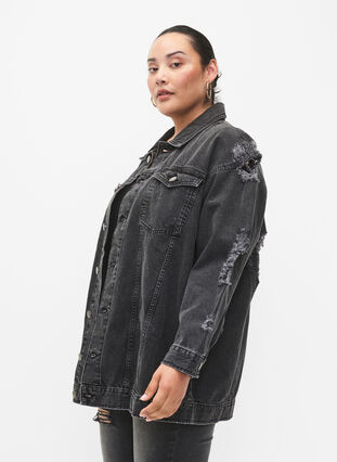 Loose fit denim jacket with worn details, Dark Grey Denim, Model image number 2