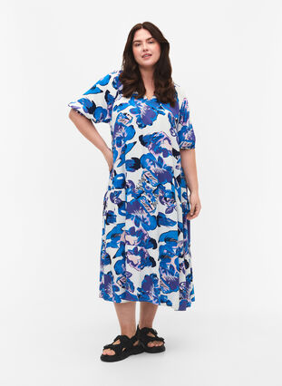 Short sleeve midi dress with print, Bright White AOP LE, Model image number 0