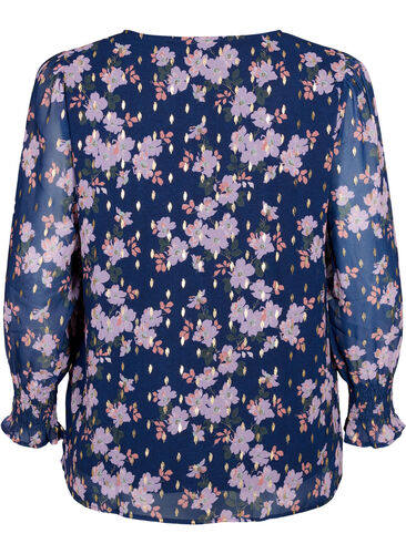 Floral blouse with long sleeves and v neck, Blue Small Fl. AOP, Packshot image number 1