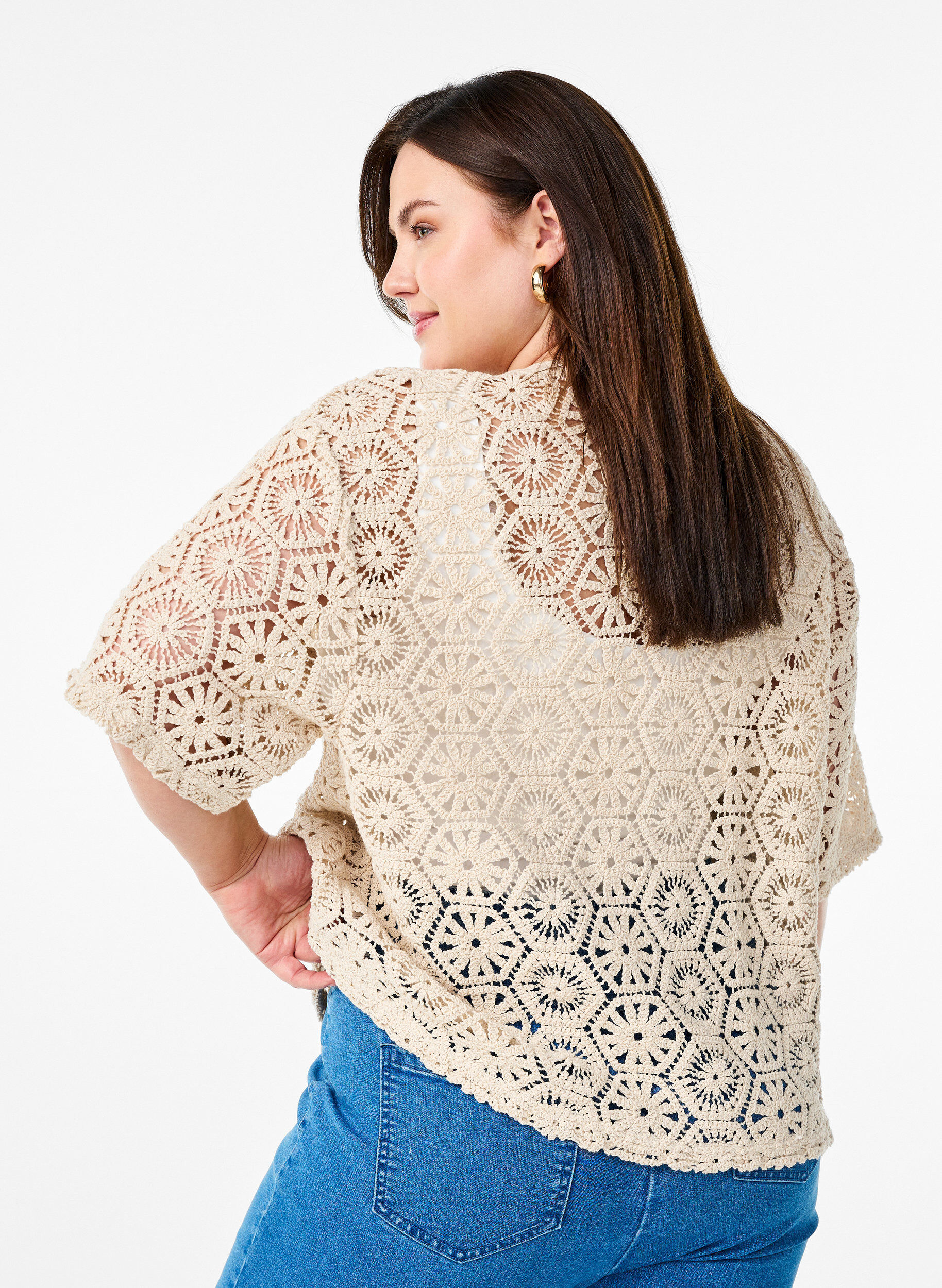 Zizzifashion Crochet cardigan with short sleeves, Beige, Model image number 2