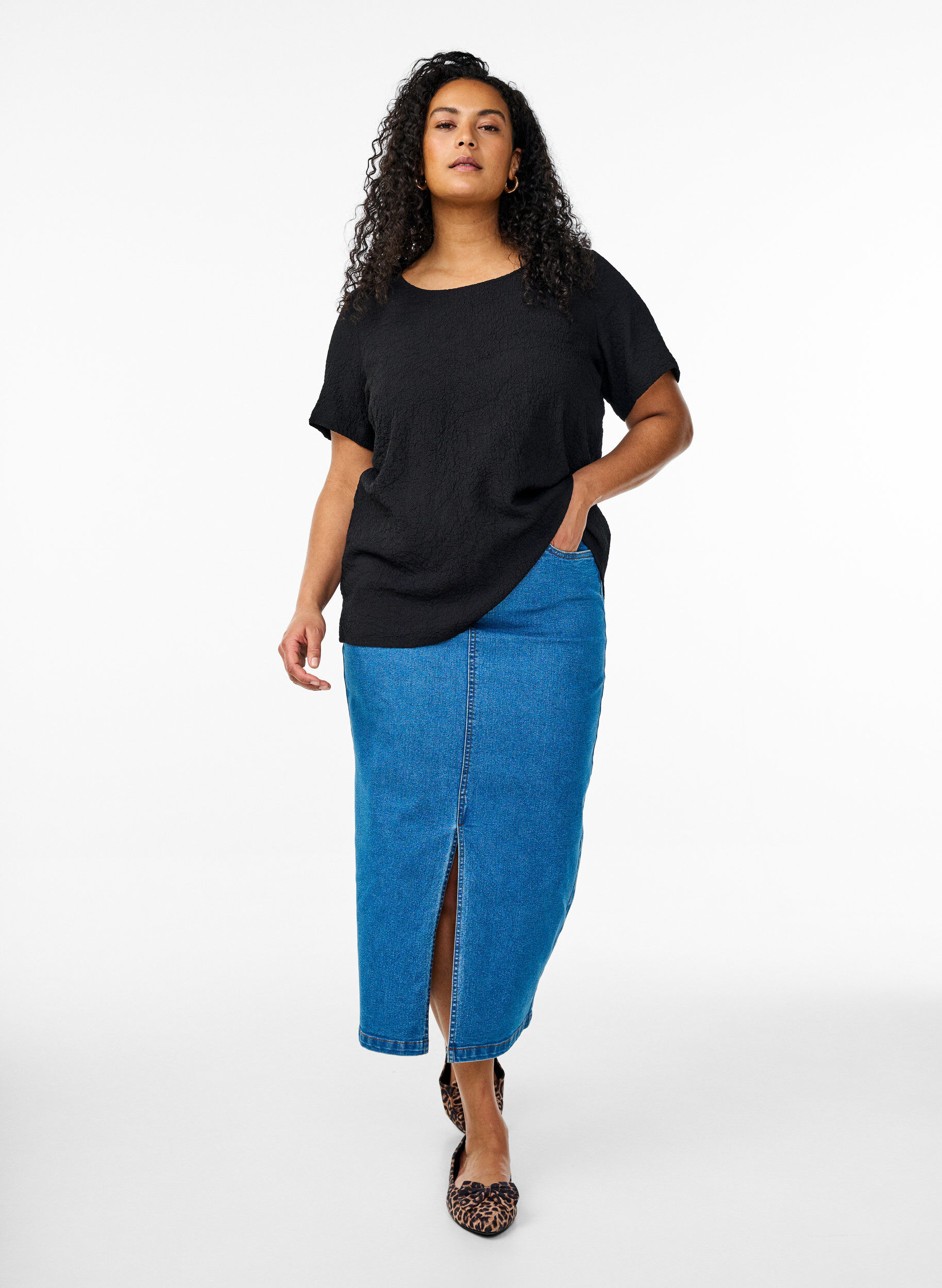 Zizzifashion FLASH - Short-sleeved blouse with texture, Black, Model image number 1