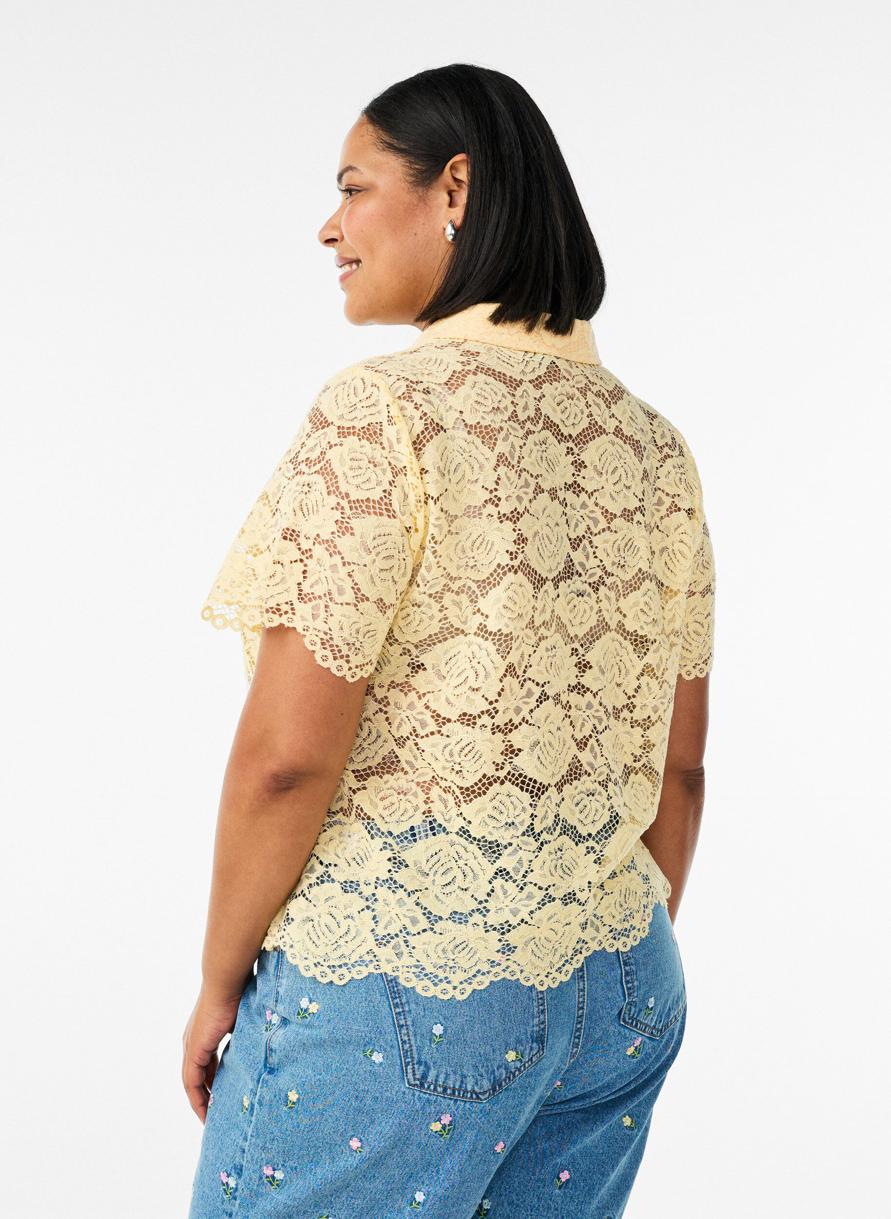 ZizzifashionLace shirt blouse with pearl buttons, Yellow, Model image number 2