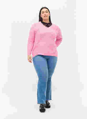Patterned knitted top with v-neckline, Begonia Pink, Model image number 2