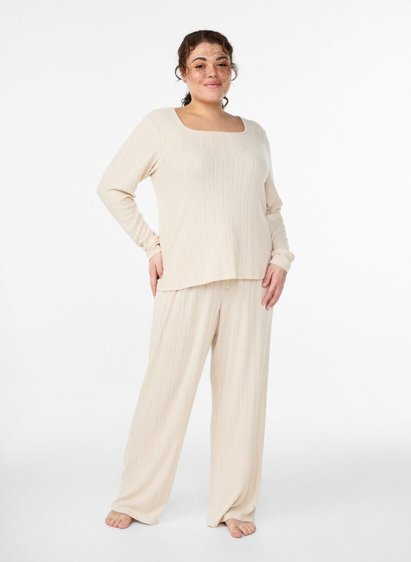 Ribbed jersey lounge trousers with a high waist, Beige, Model image number 0